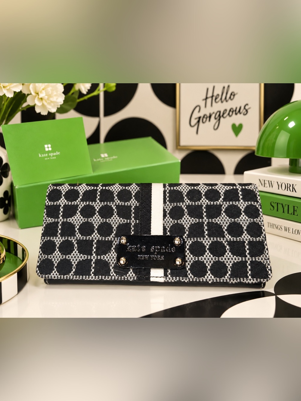 Kate Spade Adrienne Classic Noel Continental Wallet Black Cream Jacquard | NIB